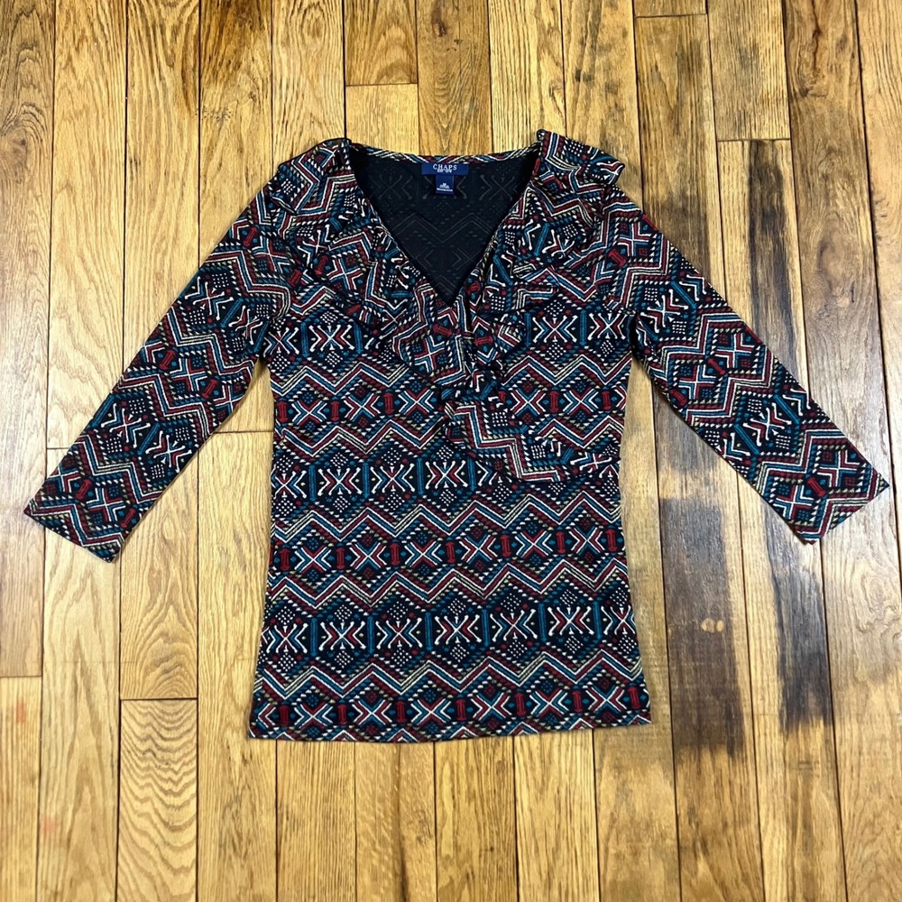 Chaps Southwest Geometric Print Ruffle Neck V-Neck 3/4 Sleeve Top Women's Medium